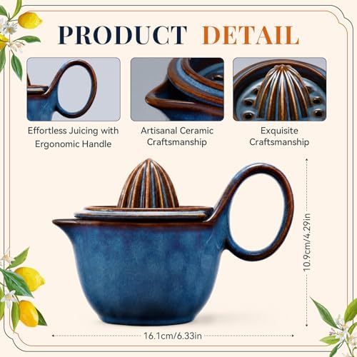 Sawysine Ceramic Lemon Squeezer Manual Citrus Juicer with Strainer Hand Press Lime Orange Reamer with 8.45 oz Cup Strainer Lid Spout Handle for Citrus Fruits Home Kitchen Bar(Classic,Dark Blue)