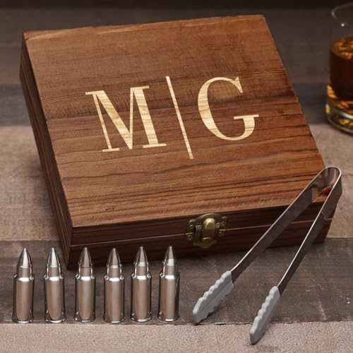 Bullet Whiskey Stones Gift Set for Men with Personalized Wooden Box - Oakmont Design