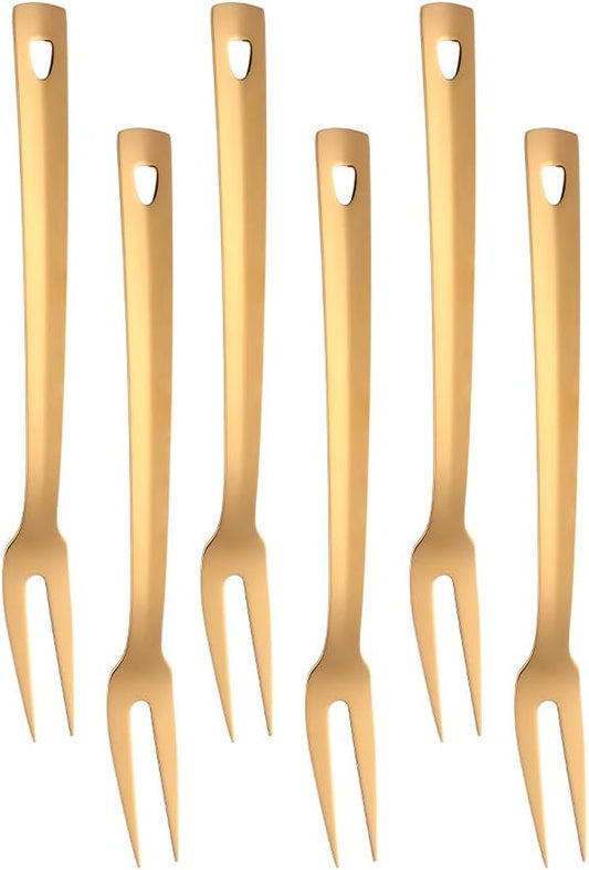 6 Pcs 12.3 in Gold Meat Forks for Kitchen, Stainless Steel Titanium Plated Dinner Fork, Ergonomic Integral Forming Mirror Polish-Dishwasher Safe