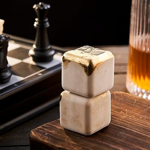 2 Large 64cm³ Whiskey Stones - Reusable Stainless Steel Metal Ice Sphere Cubes Beverage Chilling Rocks Whiskey Stones for Red Wine, Bar Beer, Scotch, Vodka Drinks - Gold