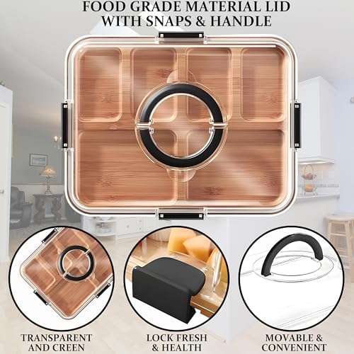 Charcuterie Board with Clear Lid and Handle, 6-Compartment Portable Serving Tray, 11 x 14 Inches, Plastic and Bamboo, Housewarming Gift, Cutting Board, Cheese Board for Serving and Outdoor Dining