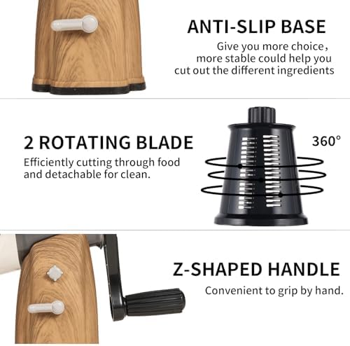 Upgrade Rotary Cheese Grater Shredder with Handle, Strong Suction Base, Multi-purpose Rotary Grater Slicer with 5 Interchangeable Blades for Ice, Vegetables, Fruit, Nuts with Blade Storage Box