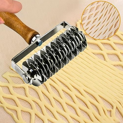 Pastry Lattice Roller Cutter, Stainless Steel Dough Cutter Wheel with Wood Handle for Beef Wellington Pie Crust Pizza Bread
