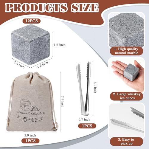 Hosuly 12 Pcs Extra Large Whiskey Ice Cubes 1.6 Inch Jumbo Whiskey Rocks Gift Set for Father's Day, Whiskey Sack and Ice Tong Marble Drink Chilling Stones for Men Dad(Dark Grey)