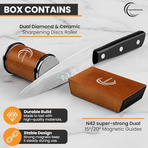 Rolling Knife Sharpener System Diamond & Ceramic Edge Honer for All Steel Types, Kitchen Blade Sharpening Tool with Dual 15/20 Magnetic Guides