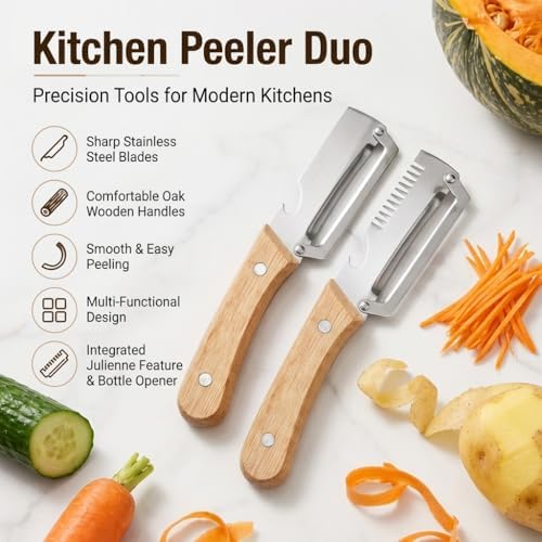 Multifunctional Vegetable Peeler Set, 2 Pack Ultra Sharp Stainless Steel Vegetable Peelers for Kitchen, Heavy Duty Wooden Handle Potato, Fruit & Vegetable Peeler with Julienne Blade, Bottle Opener