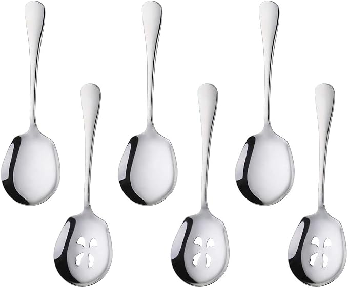 Meisha Serving Spoons Set, 3 Serving Spoons and 3 Slotted Serving Spoons, Silver Stainless Steel Serving Utensils for Buffet Can Banquet Cooking Kitchen - Mirror Polished