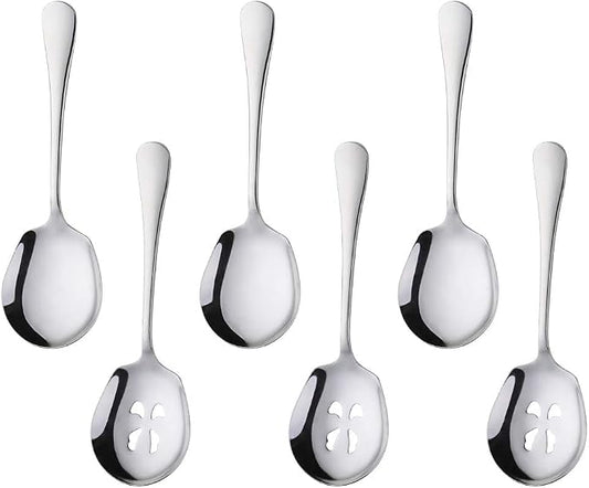 Meisha Serving Spoons Set, 3 Serving Spoons and 3 Slotted Serving Spoons, Silver Stainless Steel Serving Utensils for Buffet Can Banquet Cooking Kitchen - Mirror Polished