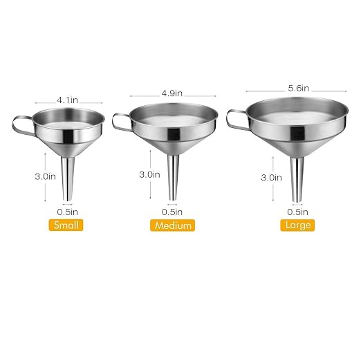 3 Pcs Stainless Steel Funnels Set with Handle Design and Removable Strainer for Transferring of Liquid, Fluid, Dry Ingredients, Powder, Durable and Dishwasher Safe