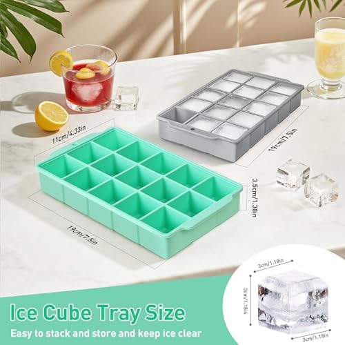 Silicone Ice Cube Tray with Lid, 3 Pack Easy-Release Flexible 15 Ice Cube Molds, Stackable Ice Trays for Freezer, Square Ice Maker Tray for Cocktail, Whiskey, Juice, Baby Food, BPA Free