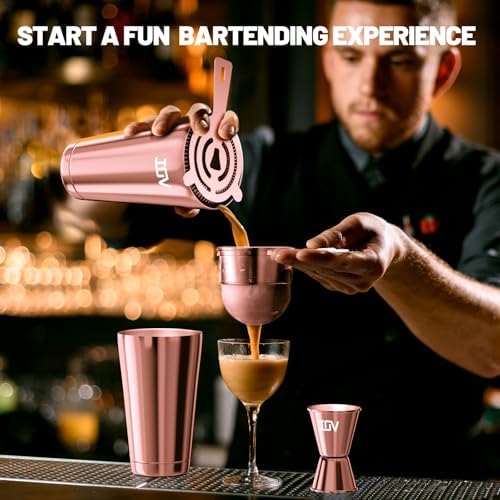 IOV Boston Cocktail Shaker Bar Set, Bartender Kit Drink Mixer Set with 18 oz & 28 oz Boston Shakers, Hawthorne Strainer, Double Jigger, Bar Tool Kit and Recipe Booklet - Rose Gold