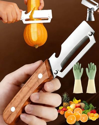 Wooden Peeler, Multi-Functional Vegetable Peeler For Kitchen, Thickened Wooden Handle Fruit Peeler, Ultra Sharp Stainless Steel Blades With Bottle Opener For Potato Pumpkin Papaya (1pc)