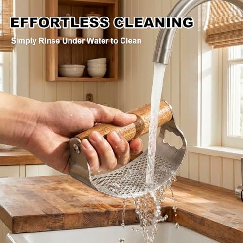 Garlic Press Stainless Steel, 2-in-1 Garlic Press & Bottle Opener with Ergonomic Wooden Handle, Includes Silicone Peeler, Cleaning Brush for Effortless Chopping of Garlic and Ginger