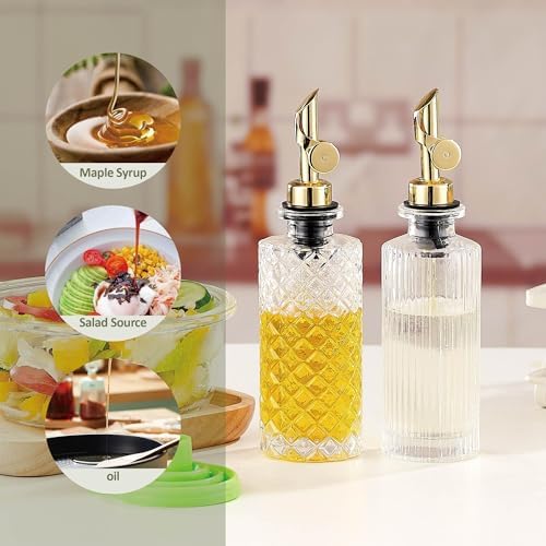 Glass Olive Oil Dispenser Bottle Small, 6.5 Oz/ 200 ml Coffee Simple Syrup Bottles with Black Metal Pour Spout, Funnel, Measuring Cup, Oil and Vinegar Bottle for Kitchen (2 Pack)
