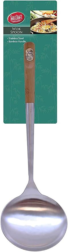 Tablecraft 32410 Wok Spoon with Bamboo Handle, 16", Brown and Tablecraft 32409 Wok Skimmer with Bamboo Handle, 15", Brown - Wok Skimmer & Wok Spoon