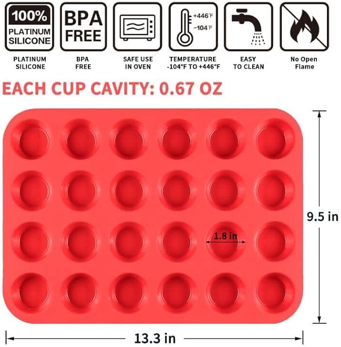 CAKETIME Silicone Muffin Pan Mini 24 Cups, 1 Pack Cupcake Pan, BPA Free | Nonstick, Food Grade Silicone Mold Baking Pan, Dishwasher Safe