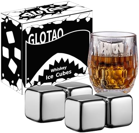 4 Large Whiskey Stones 64 cm³ (4 cu in) - Man Gift Set - Reusable Stainless Steel Metal Ice Sphere Cubes Beverage Chilling Rocks Whiskey Stones for Red Wine, Bar Beer, Scotch, Vodka Drinks
