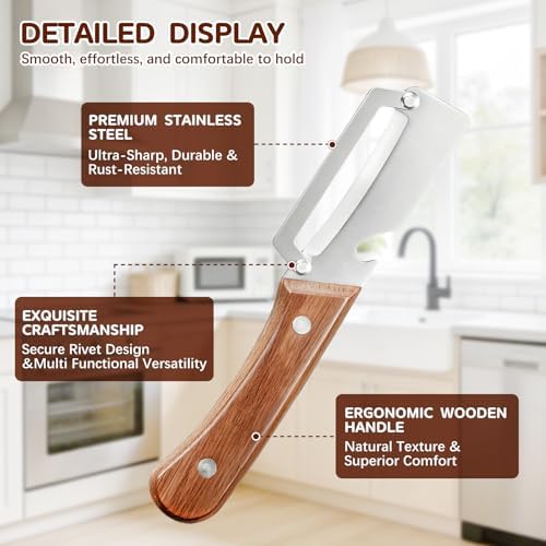 Left & Right Hand Vegetable Peeler Set with Bottle Opener, Thickened Stainless Steel Wide Blade for Smooth Peeling, Wooden Handle Kitchen Peeler for Fruits & Vegetables