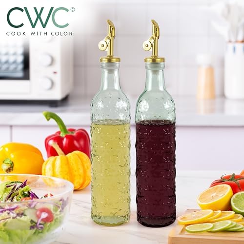 COOK WITH COLOR Glass Olive Oil Bottle Dispenser - 2 Pack- 17oz Oil and Vinegar Cruet - Olive Oil Carafe Decanter for Kitchen, Floral, Green