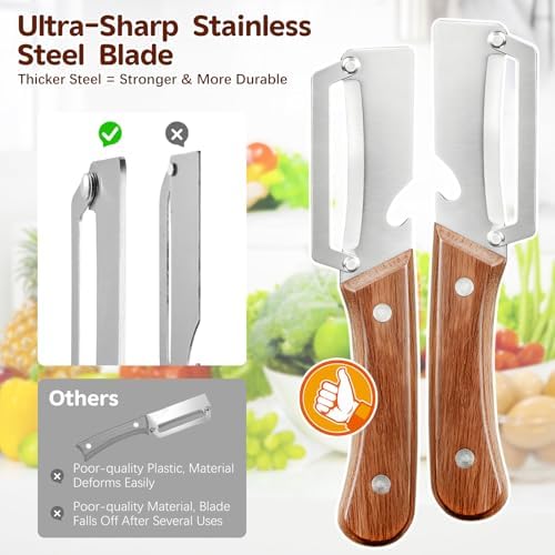 Left & Right Hand Vegetable Peeler Set with Bottle Opener, Thickened Stainless Steel Wide Blade for Smooth Peeling, Wooden Handle Kitchen Peeler for Fruits & Vegetables