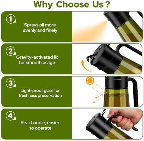 2-in-1 Oil Spray Bottle with Basting Brush, 580ml Light-Proof Glass Olive Oil Dispenser to Preserve Freshness, Ideal for Salad, Baking, Grilling, and Air Frying