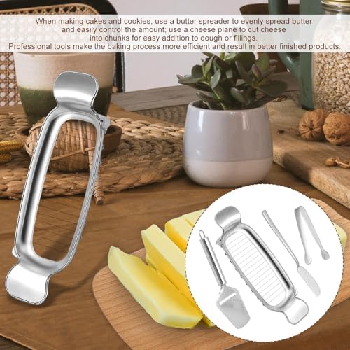 4pcs Stainless Steel Cheese Cutter Set, Includes Wire Butter Slicer Butter Spreader Cheese Plane and Tongs Practical Kitchen Tools for Home Kitchen Baking Breakfast