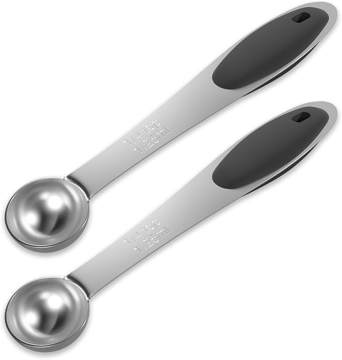 LEIFENY 2PCS 1/4 Tsp(1.25ml) Single Measuring Spoon with Black Silicone Grip, Stainless Steel Individual Measure Scoop Only