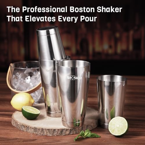 Boston Shaker Set, 4Pcs Professional Cocktail Shaker Set (18oz/28oz), Weighted Stainless Steel Bar Shaker for Bartending, Leakproof & Dishwasher Safe, Ideal for Bar and Professional Bartender