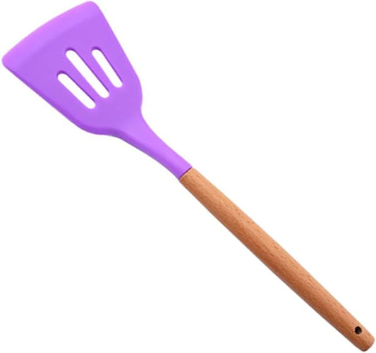 1pc Purple Silicone Slotted Turner,Wooden Handle Non-Stick Kitchen Spatulas, Ideal Cookware for Fring Fish, Eggs, Meat, French Fries