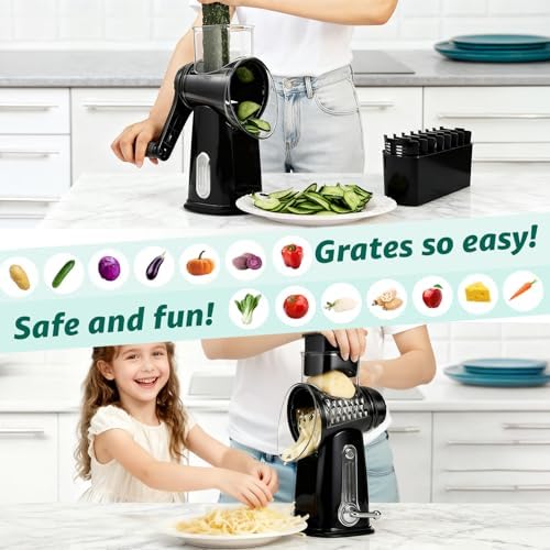 Rotary Cheese Grater Hand Crank - Cheese Shredder with 5 Blades & Strong Suction Base, Mandoline Slicer Vegetable Chopper, Kitchen Gadgets with Storage Box, Black