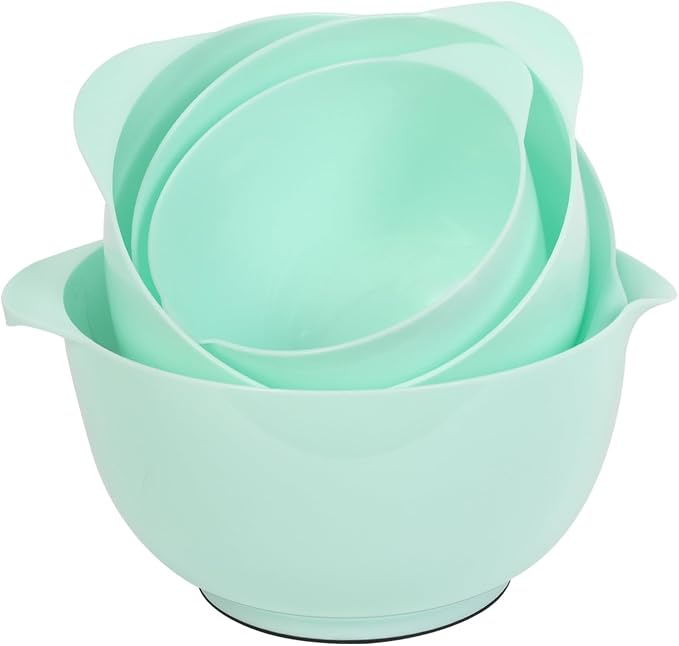 BoxedHome Mixing Bowls Set of 4, BPA Free Plastic,Microwave Safe, Green | 4.5/3.5/2.5/1.7 quarts,Non-slip Base Large Nesting Bowl with Pour Spout, Dishwasher Safe, for Prep, Cooking,Baking