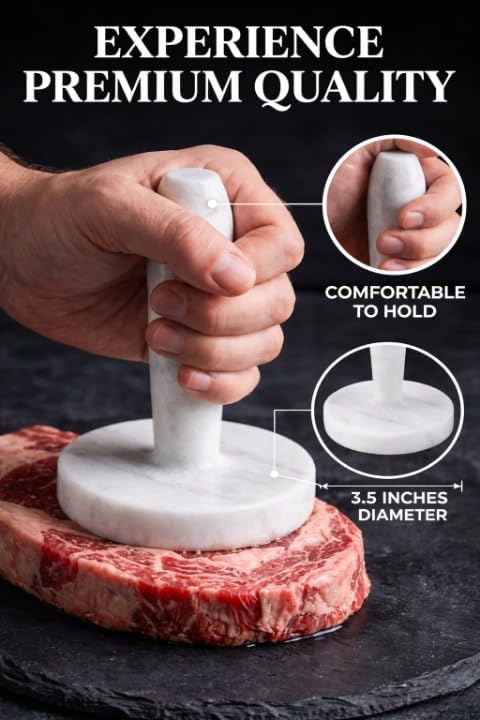 Marble Meat Pounder Tenderizer 5" Inches White Handmade Round Chicken Flattener Tool - Works Great As A Smash Burger Press - Meat Flattener for Steak, Chicken, Pork