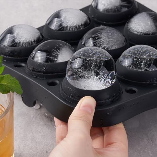 Wanderworld Ice Tray Combo, Silicone Reusable 2 inch Big Ice Freezer Mold, 9 Cubes& 9 Sphere Ice Maker tray with lid for Whiskey, 2 pack.
