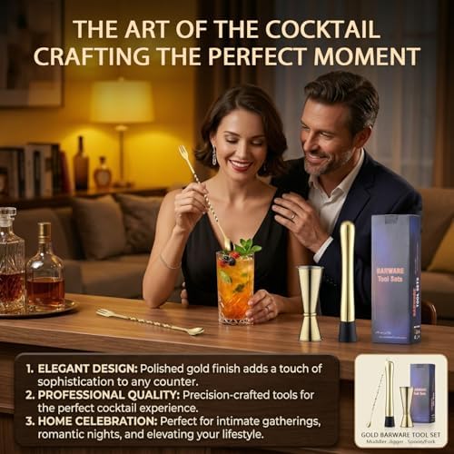 Gold Muddler for Cocktails, 10 Inches Bar Spoon, 1 oz 2 oz Double Jigger- Premium 3 Piece Gold Mixing Tools Set for Drinks