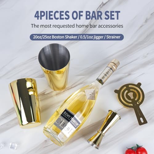 JNWINOG Cocktail Shaker Set 4-Piece Boston Shaker Kit with 20oz/25oz Shaker,Strainerand 0.5/1oz Double JiggerBar Set for Home Drink Mixer Bartendiing (Gold, 20oz/25oz)