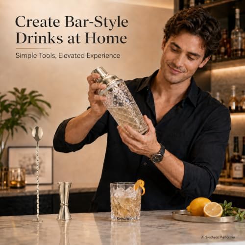 16 Oz Glass Cocktail Shaker Set with Built-in Strainer Crystal Cocktail Shaker with Gold Stainless Steel Lid, Bar Spoon Double Jigger, Drink Shaker for Martini, Margarita Mixed Drinks Home Bar Barware