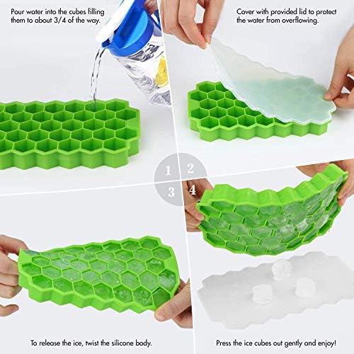 Silicone Ice Cube Trays 4 Pack with Lids | BPA FREE | Hexagon Shaped | 148 Cubes, 37 Cubes/Tray
