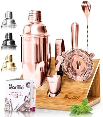 Barillio Rose Gold Bartender Kit - Stainless-Steel Cocktail Shaker Set w/Bamboo Stand - Mixology Bar Tools w/Shaker, Drink Mixer Spoon & Muddler for Cocktails - Home Bar Accessories - 10-Pc Bar Set