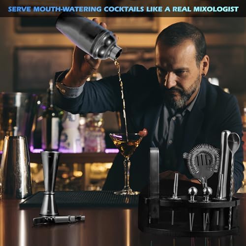 Safring Bartender Kit with Stand, 12-Piece Bar Set | 24oz Cocktail Shaker Set for Drink Mixing, Martini Shaker Set with Bar Tools, Recipes Booklet | Fun Housewarming Gift (Black)