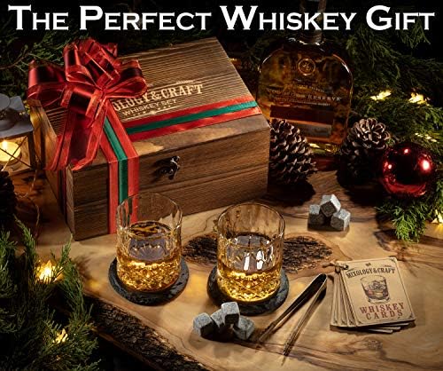 Mixology & Craft Whiskey Glasses Gift Set for Men - Pack of 2 Diamond Cut Glasses w/ 8 Granite Chilling Stones, 2 Coasters, Tongs & Cocktail Recipe Book in Wooden Crate