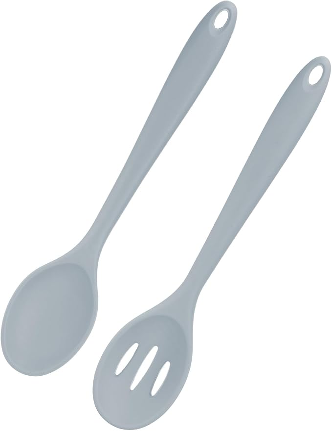 M METERXITY 2-Pack Silicone Spoons for Cooking, 10.6" Mixing Nonstick Slotted and Solid Serving Spoons Heat Resistant Utensils Spoons for Kitchen/Cooking/Baking/Stirring Mixing Tools [Grey]