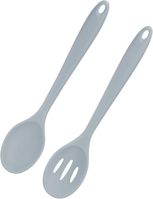 M METERXITY 2-Pack Silicone Spoons for Cooking, 10.6" Mixing Nonstick Slotted and Solid Serving Spoons Heat Resistant Utensils Spoons for Kitchen/Cooking/Baking/Stirring Mixing Tools [Grey]