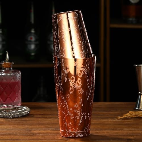 Stainless Steel Boston Shaker with Etched Pattern Weighted Shaking Tin Set (Leaf CopperPlated)