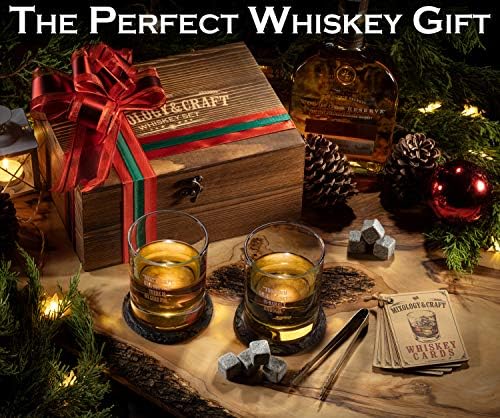 Mixology & Craft Whiskey Stones Gift Set for Men, 10 oz Whiskey Glasses w/ 8 Granite Chilling Rocks, 2 Coasters, Metal Tong & Cocktail Cards in Wooden Box - Round (Pack of 2)