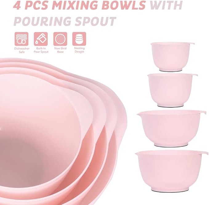 BoxedHome Mixing Bowls Set of 4, BPA Free Plastic,Microwave Safe, Pink | 4.5/3.5/2.5/1.7 quarts, Non-slip Base Large Nesting Bowl with Pour Spout, Dishwasher Safe, for Prep, Cooking,Baking