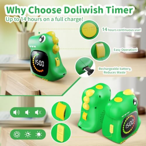 Visual Timer for Kids, Green Dino Kid Timer Clock Potty Training