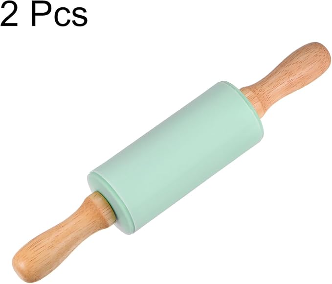 HARFINGTON 2pcs Silicone Rolling Pins for Baking 9.25 Inch Non-Stick Silicone Surface Wooden Handle Rolling Pin Small Roller Playdough Rolling Pins for Fondant Kitchen Dough Pizza, Green