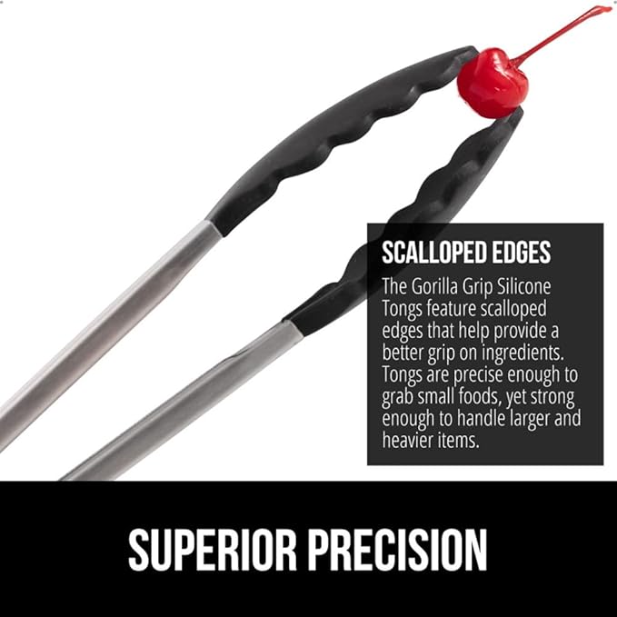 GORILLA GRIP Stainless Steel Heat Resistant Kitchen Tongs for Cooking, 7 + 9 + 12 + 14 Inch Set of 4 BBQ Tong, Non Scratch Silicone Tip for Pans, Grab Food, Toss Salad, Pull Lock, Black