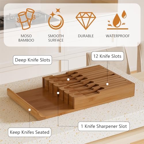 Domax Bamboo In-drawer Knife Block - Kitchen Knife Drawer Organizer Insert, Steak Knife Holder Without Knives, Drawer Knife Organizer Fits for 12 knives and 1 Sharpening Steel (Not Included), Walnut