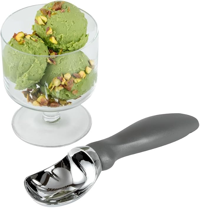 Restaurantware Comfy Grip 7.9 x 2 Inch Kitchen Ice Cream Scoop 1 Heavy-Duty Ice Cream Disher - Ergonomic PP Handle Dishwashable Gray Metal Ice Cream Spade With Lid Opener Notch Multi-Use